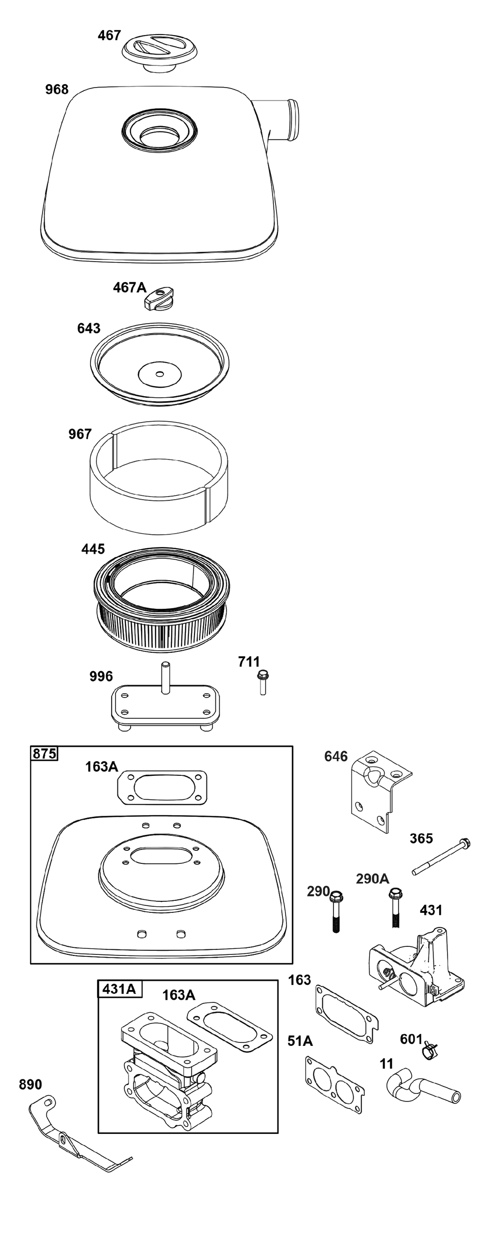 Air Cleaner Group Diagram and Parts List for 543477-0090-J1 400000 - 699999 Briggs and Stratton Engine